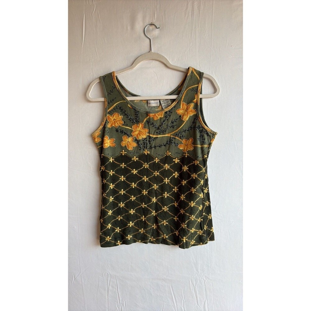 Vintage White Stag Beaded Floral Ribbed Tank Top Olive Green